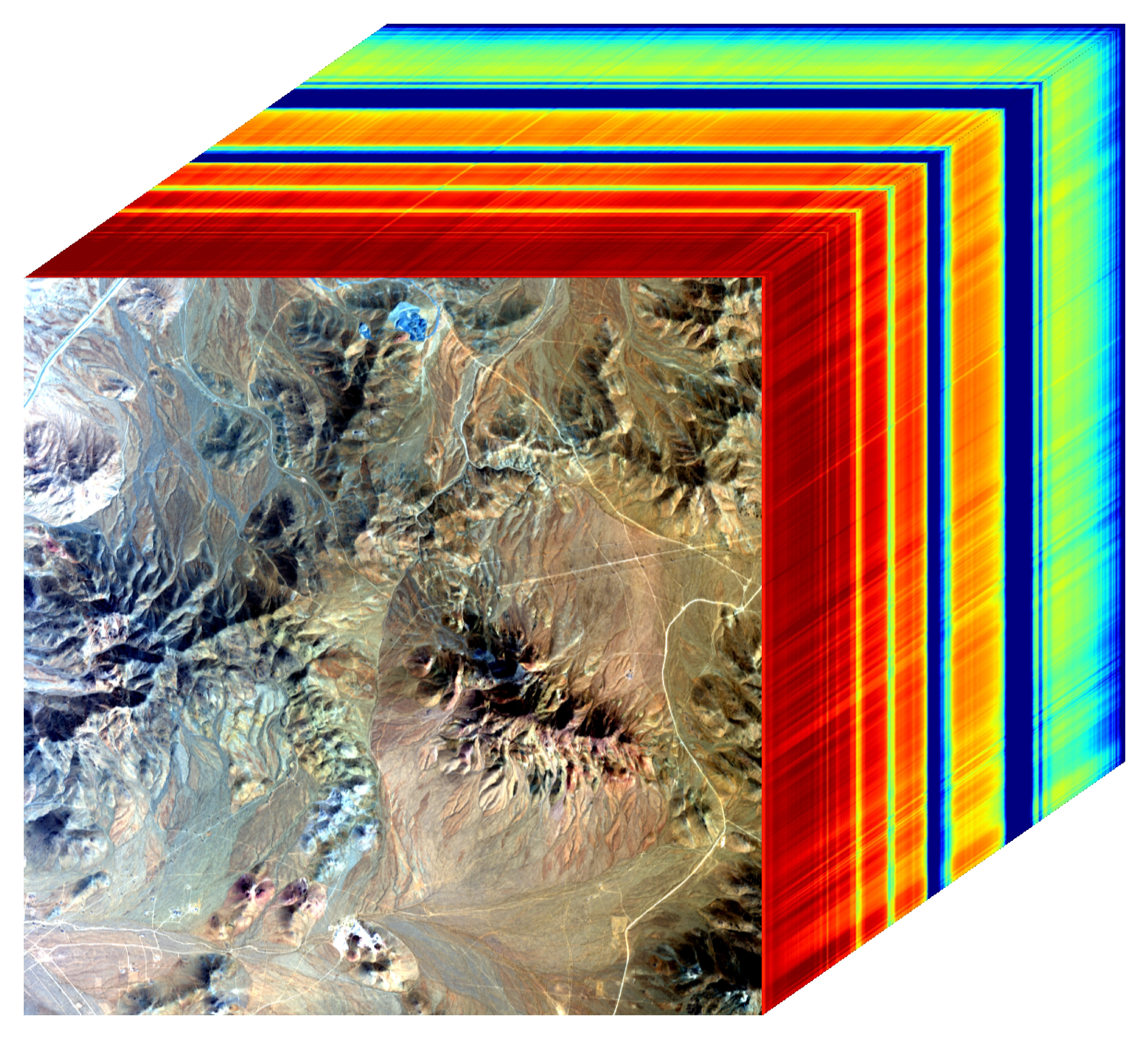 A three-dimensional cube representing multispectral imaging data of an arid landscape. The front face shows an aerial image. The top and side panels display colored bands ranging from blue to red, illustrating spectral information for each pixel.