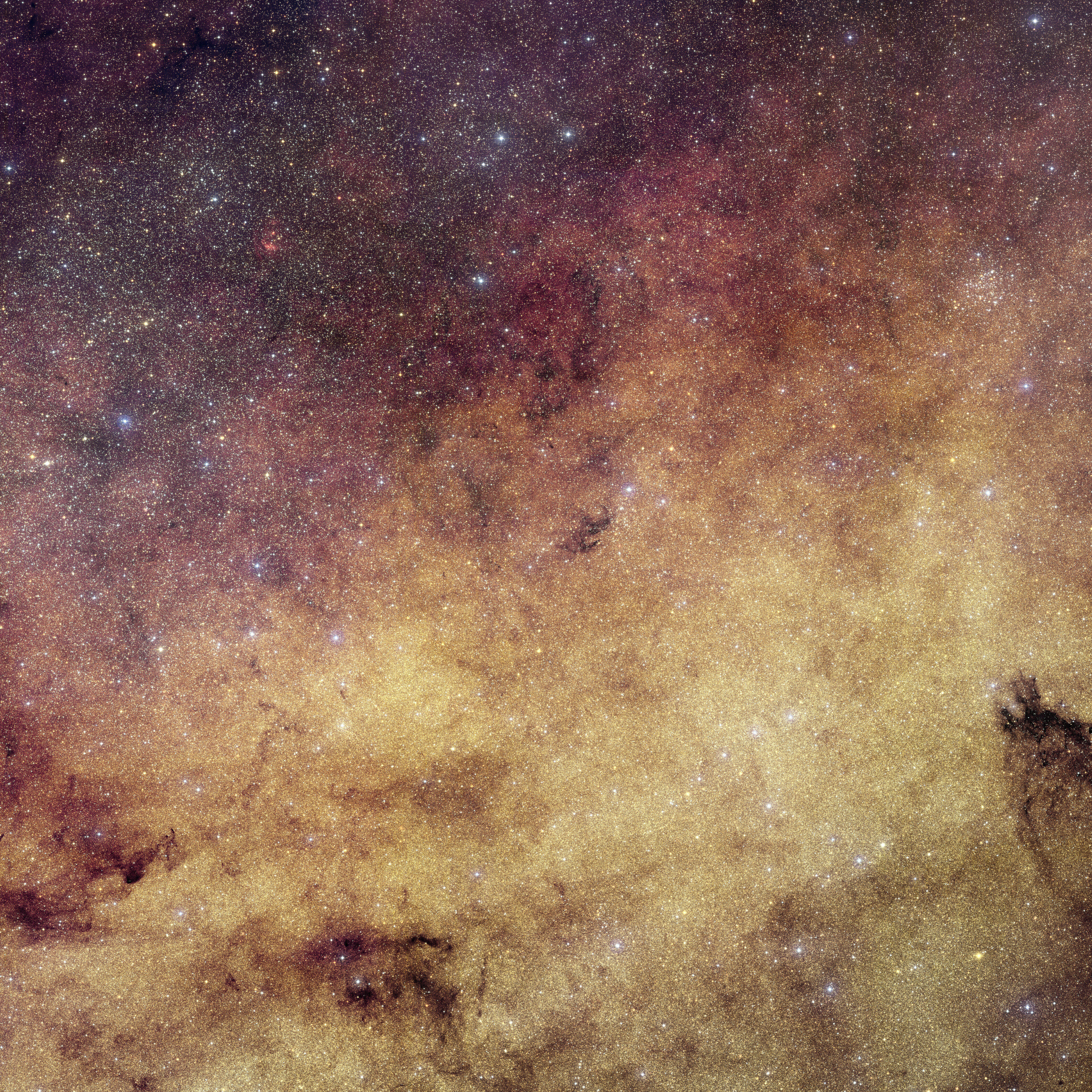 This view of the heart of the Milky Way Galaxy features dense yellow clouds and millions of stars.
