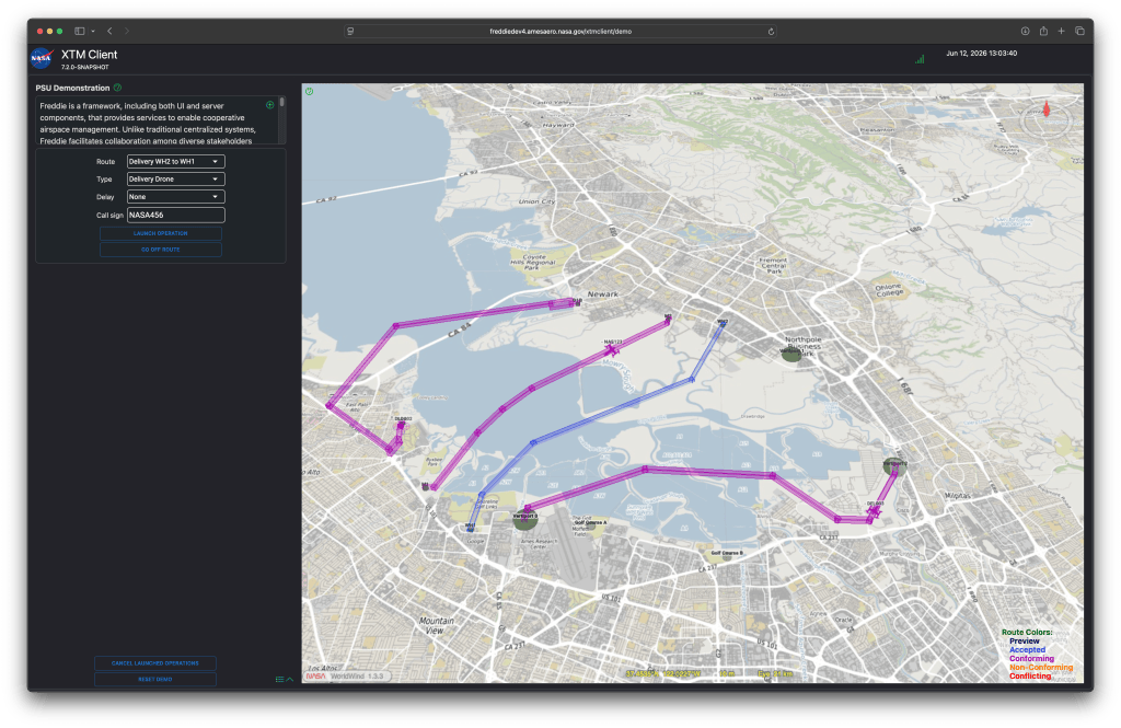 NASA XTM Client at Software Facility. showing a map of the SF Bay Area with colored drone delivery routes and a sidebar for flight configuration.