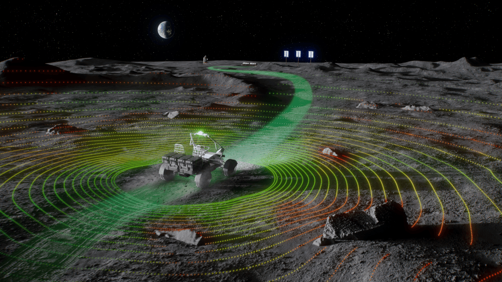 Artist rendition of lunar base wtih colored lines depicting navigation.