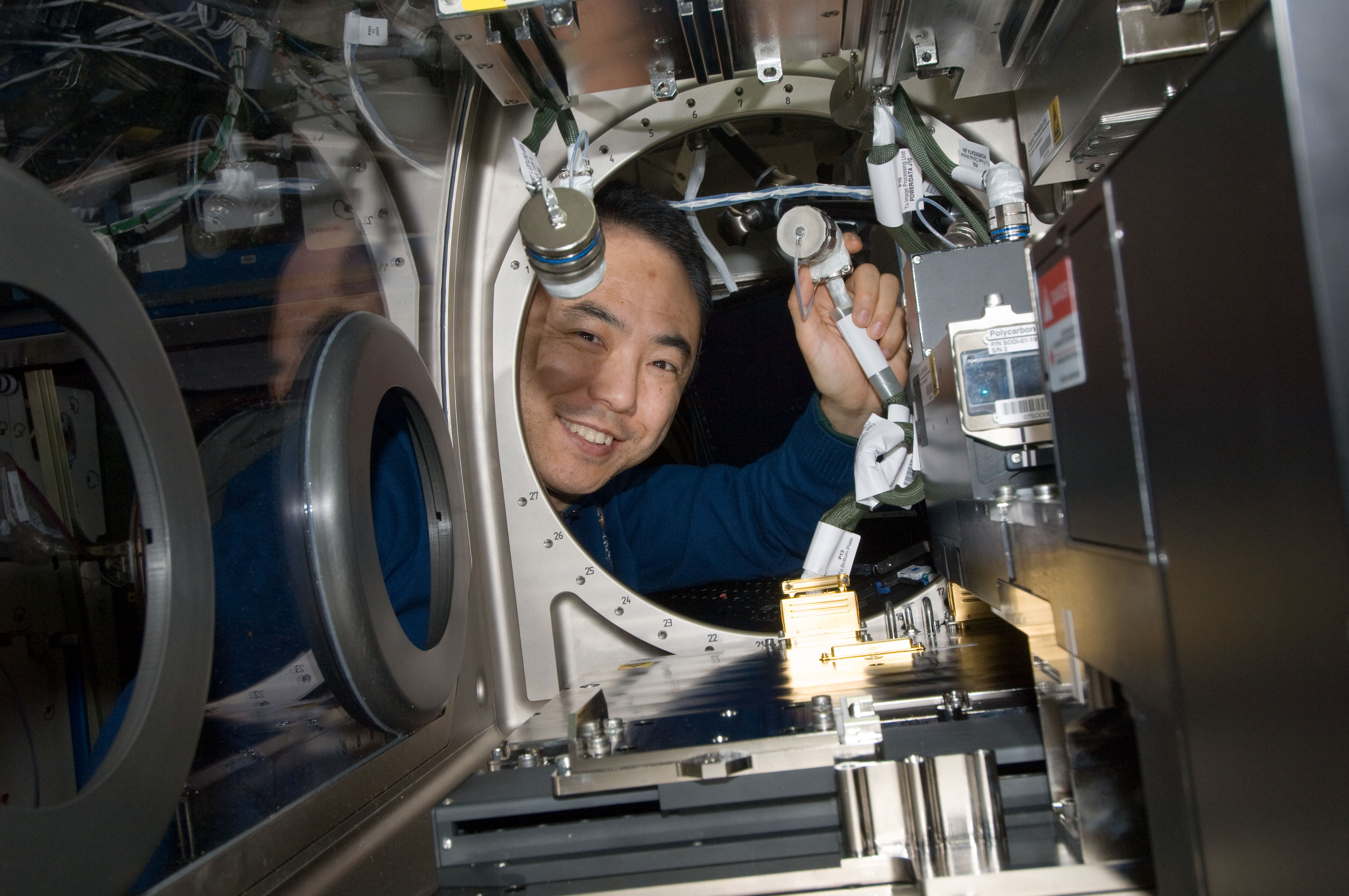 Japan Aerospace Exploration Agency astronaut Satoshi Furukawa, Expedition 29 flight engineer, works at the Microgravity Science Glovebox (MSG) in the Destiny laboratory of the International Space Station.