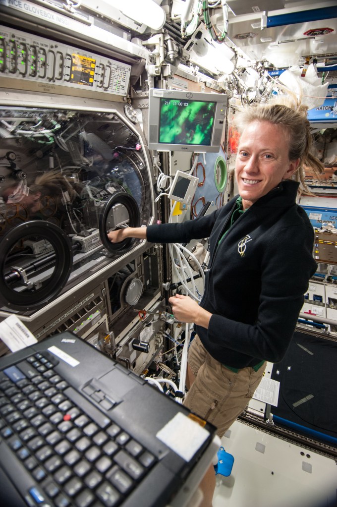 Astronaut Karen Nyberg works with the InSPACE-3 experiment in the Microgravity Science Glovebox (MSG) aboard the International Space Station.