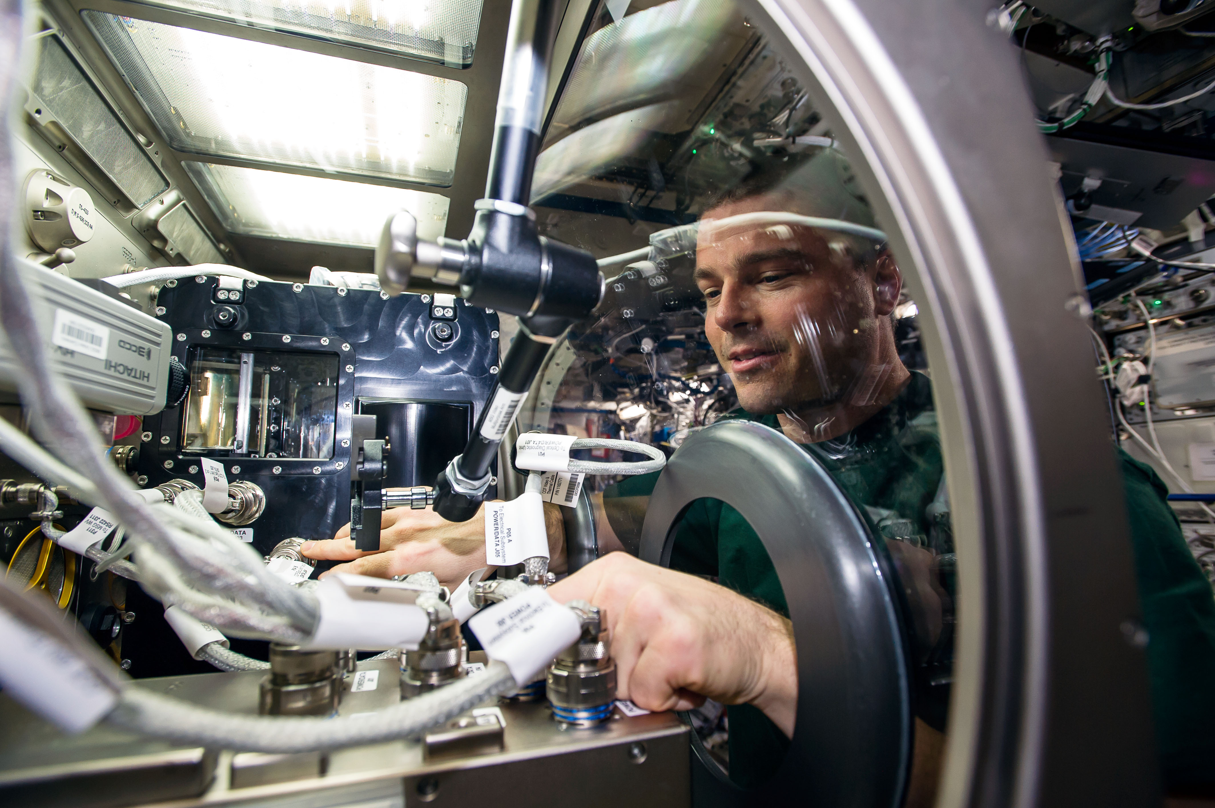 NASA astronaut Reid Wiseman installs Capillary Channel Flow (CCF) experiment hardware in the Microgravity Science Glovebox (MSG) aboard the International Space Station.