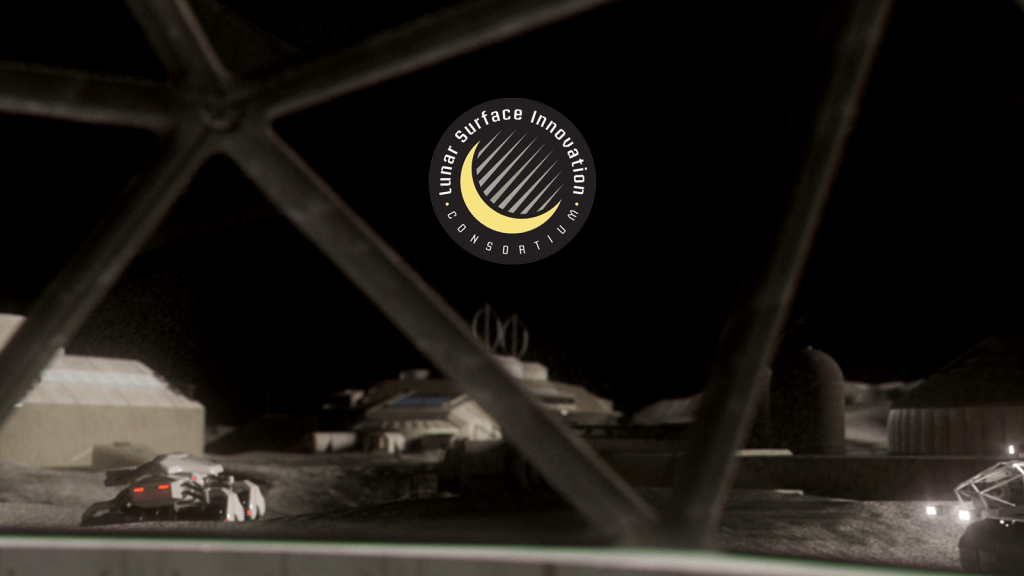 Lunar surface landscape with abstract infrastructure components and a black, white, and yellow circle logo for the Lunar Surface Innovation Consortium (LSIC)
