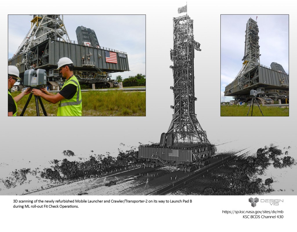3D scanning of the newly refurbished Mobile launcher and Crawler/ Transporter-2 on its way to Launch pad during ML roll-out Fit Check Operations.