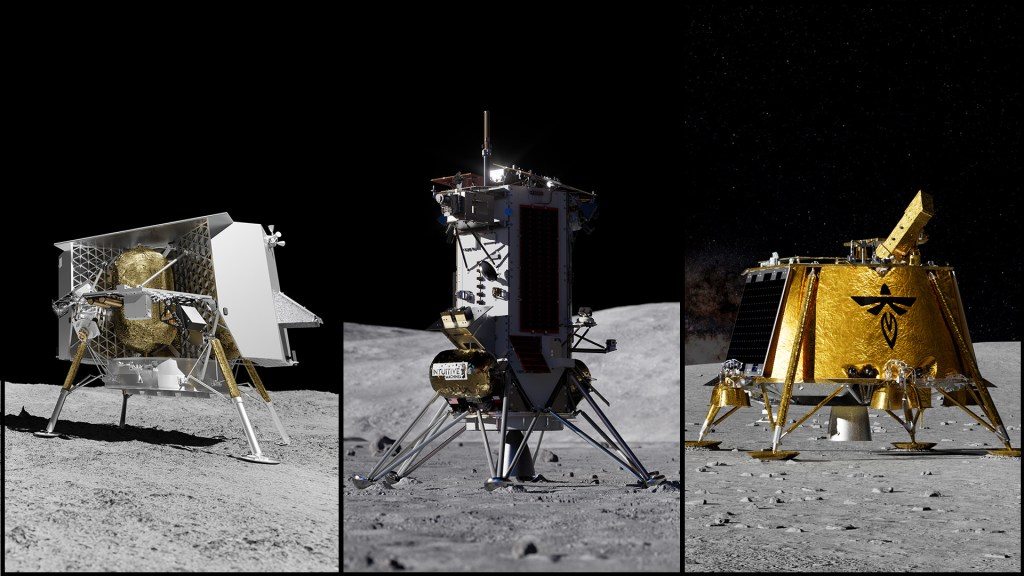 Current image: Tres representaciones digitales muestran módulos de aterrizaje lunar comerciales de Astrobotic, Intuitive Machines y Firefly en la Luna. La NASA anunció el 30 de junio que estos módulos de aterrizaje entregarán más investigaciones científicas y demostraciones tecnológicas de la NASA en la superficie lunar para el programa Base Lunar de la agencia.