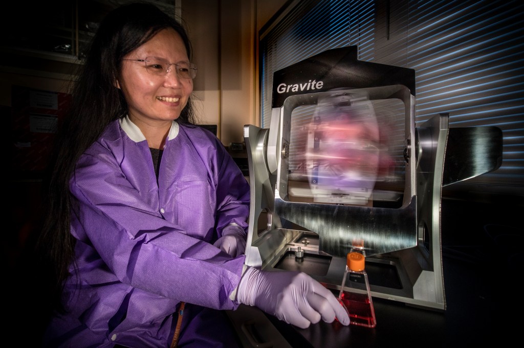 Dr. Ye Zhang, project scientist for the ISS Research Office at NASA’s Kennedy Space Center in Florida, demonstrates how biological samples are tested in a microgravity simulation device in the Microgravity Simulation Support Facility.