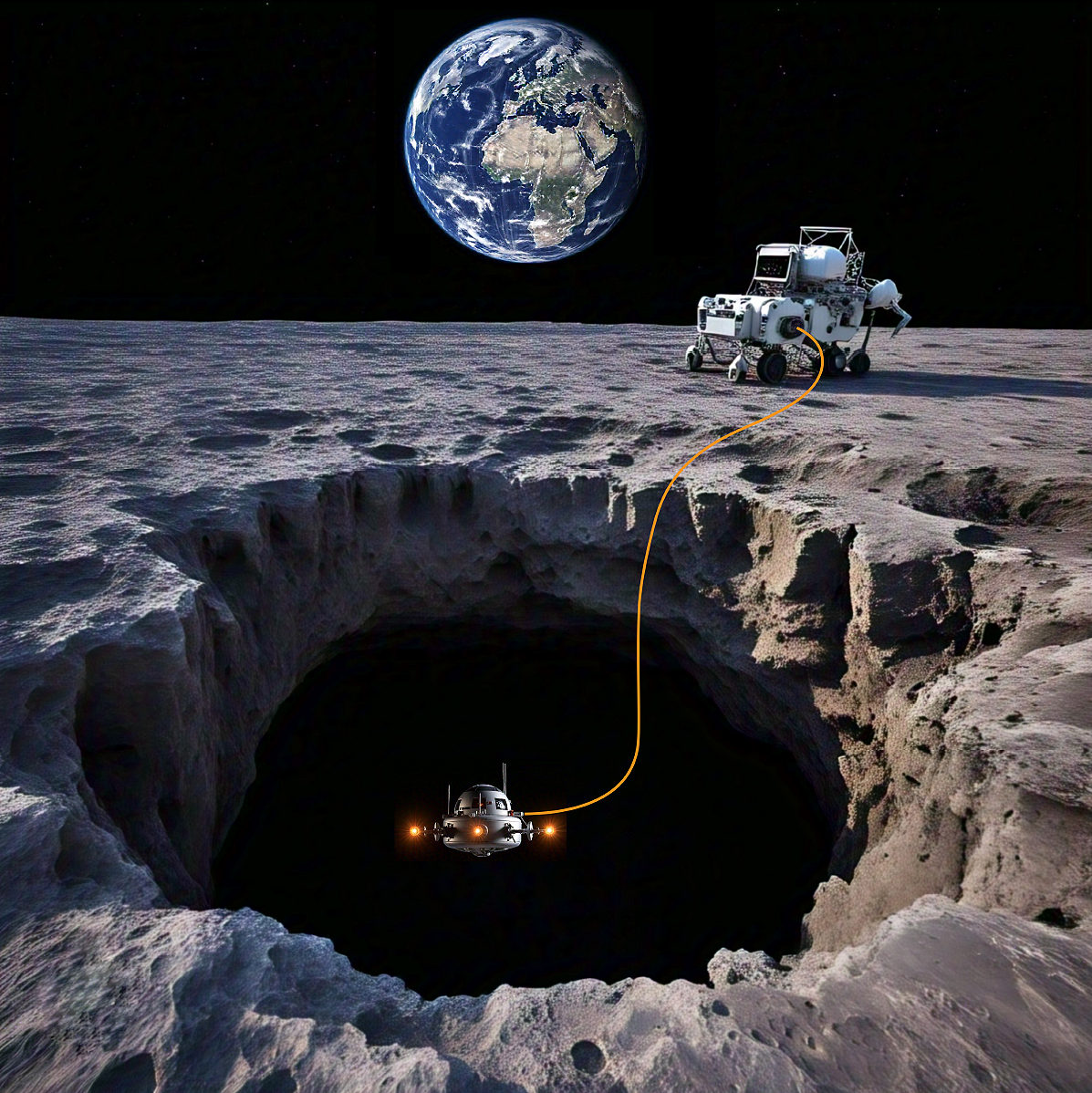 Artist rendition of LUX concept. Explorer attached to a cable floatin gin a dark hole on the lunar surface with Earth in distance
