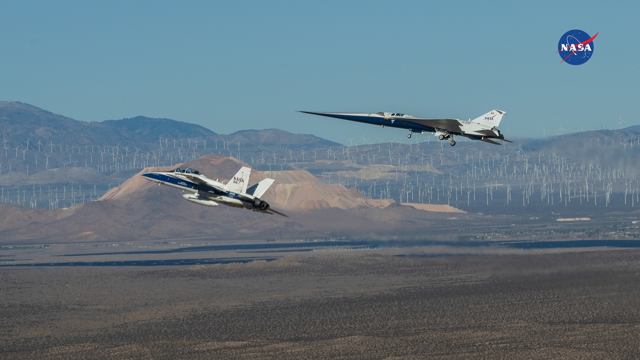 NASA’s X‑59 during its first flight with a NASA F‑18 serving as the safety chase.