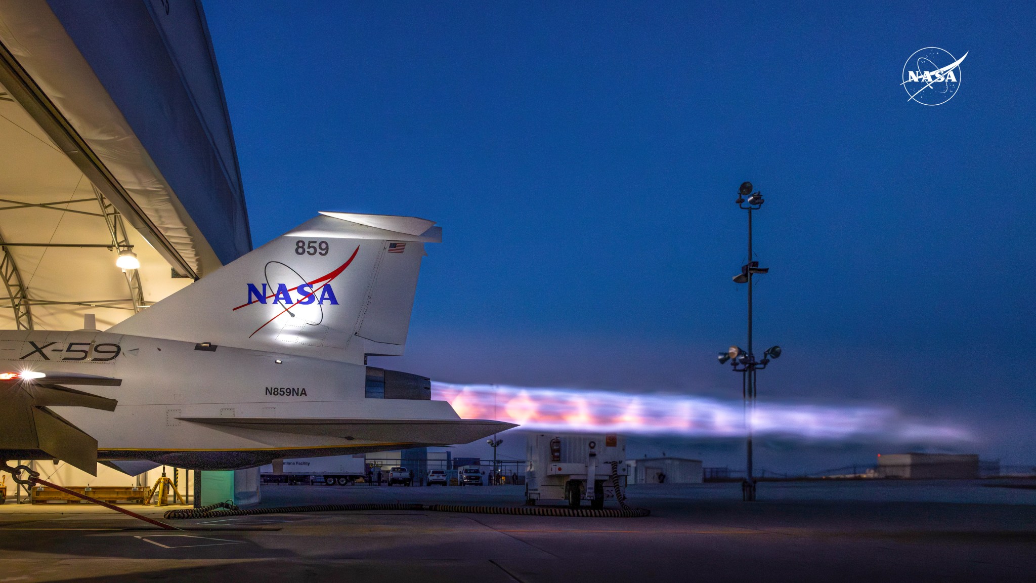 Colorful shock diamonds are seen as NASA’s X-59 conducts engine run test.