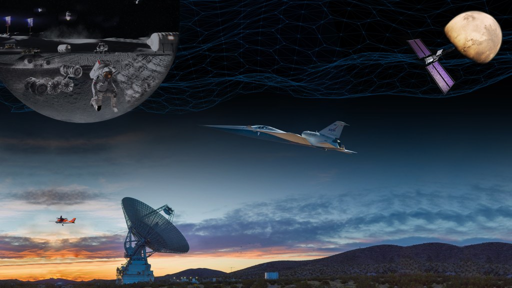 Elements of NASA's Research and Technology Mission Directorate (RTMD) are seen in this artist concept featuring a large satellite dish, two airplanes, a satellite in space, and a scene of a future lunar base.