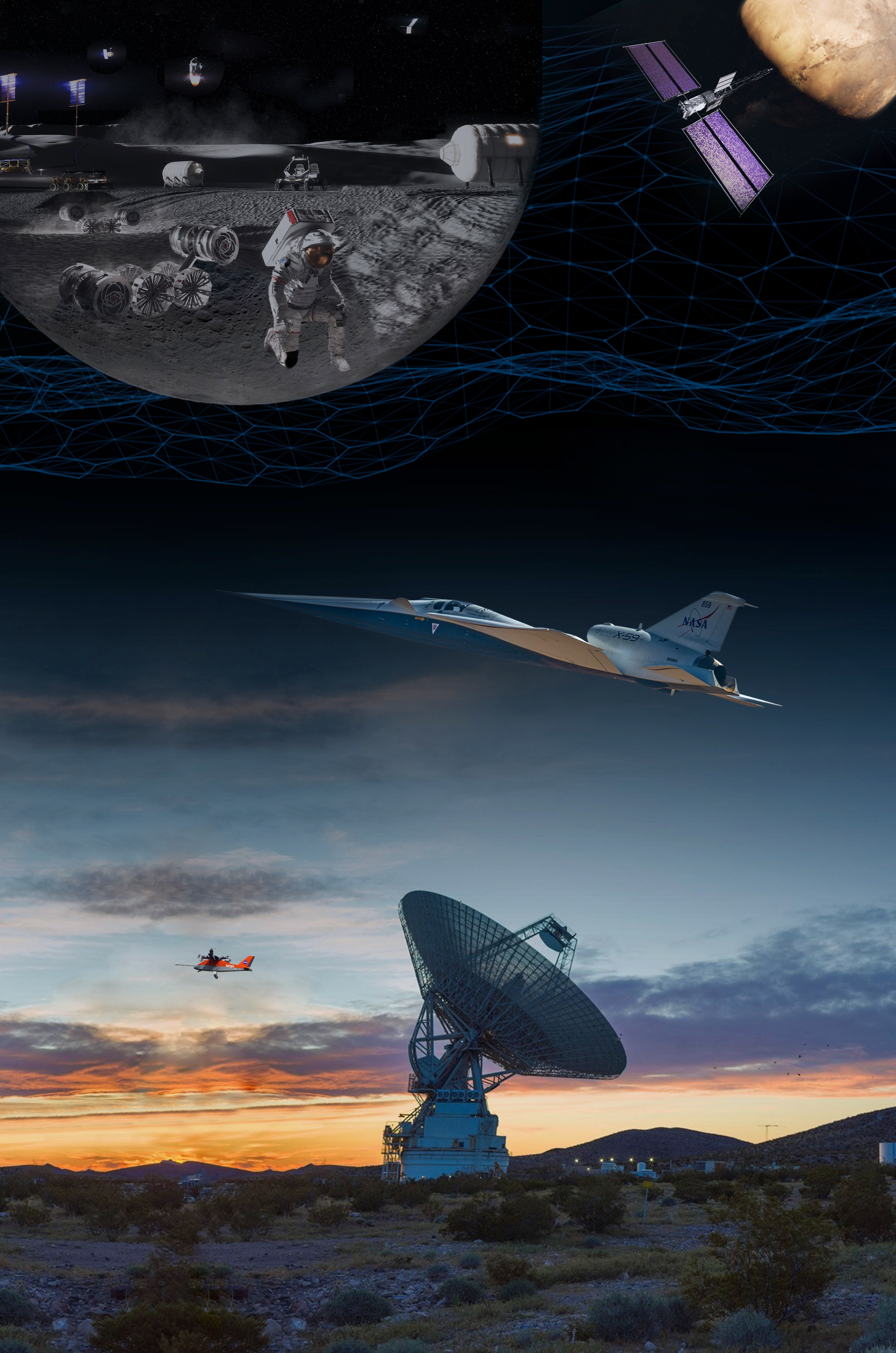 Elements of NASA's Research and Technology Mission Directorate (RTMD) are seen in this artist concept featuring a large satellite dish, two airplanes, a satellite in space, and a scene of a future lunar base.