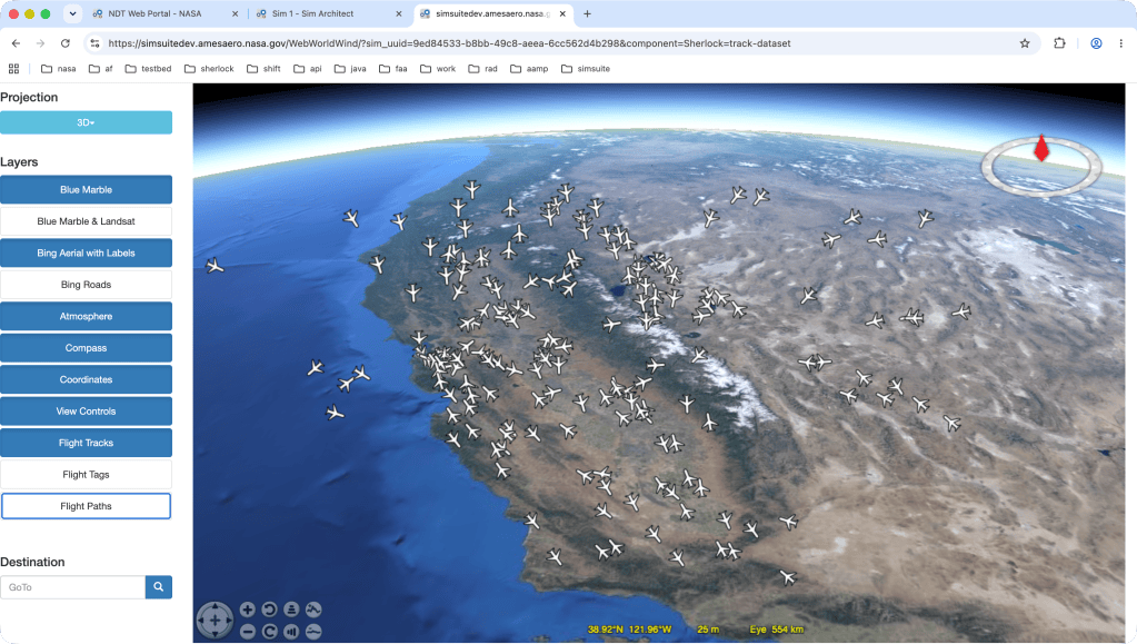 A web app showing a 3D globe of the US West Coast covered with airplane icons, alongside a sidebar with map layer controls.