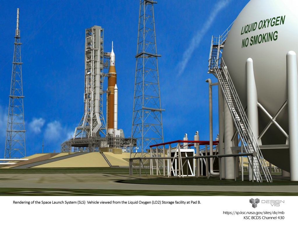 Rendering of the Space Launch System (SLS) Vehicle viewed from the Liquid Oxygen (LO2) Storage Facility at Pad B.