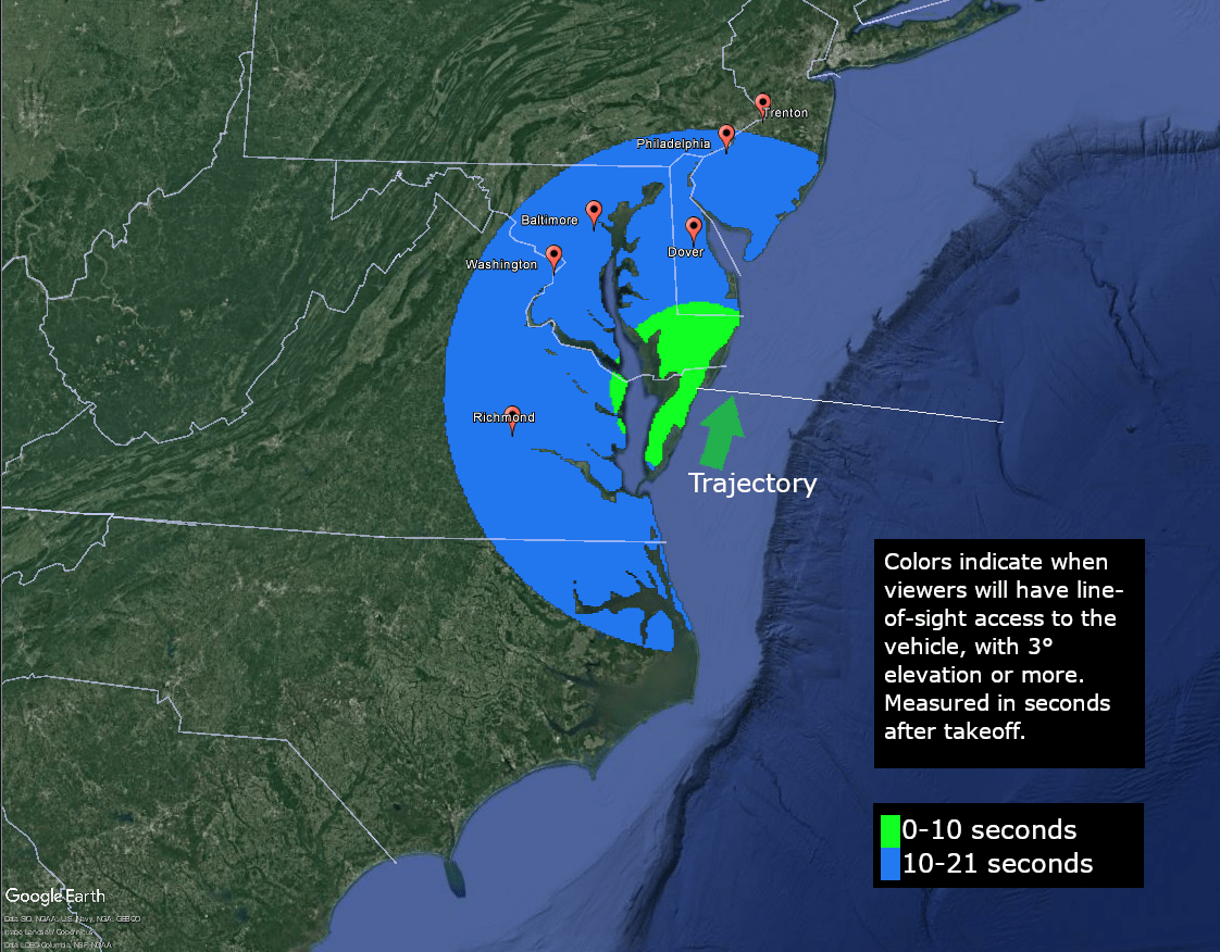 A visibility map showing the mid-Atlantic region. The map shows how many seconds after that people in the area may be able to see the Terrier-Improved Malemute sounding rocket in the sky.