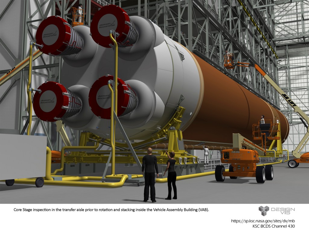 Core stage inspection in the transfer aisle prior to rotation and stacking inside the Vehicle Assembly Building (VAB)