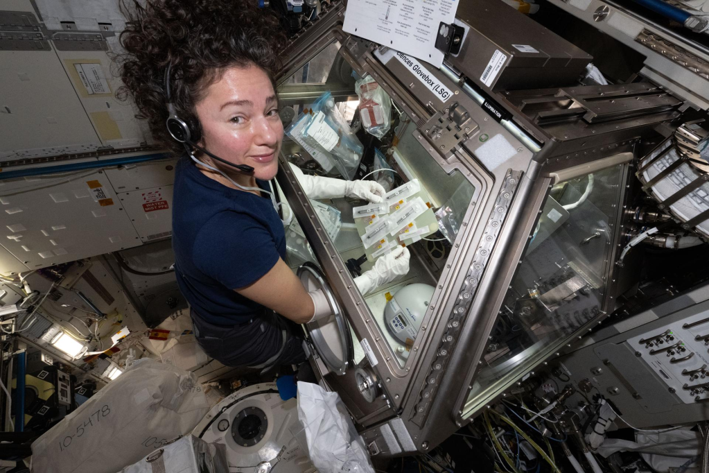 NASA astronaut Jessica Meir prepares blood platelet samples in the glove box aboard the International Space Station to support research on how microgravity affects blood clotting and other spaceflight-related physiological changes. Researchers are seeking additional approaches to better understand how blood clots form in space.