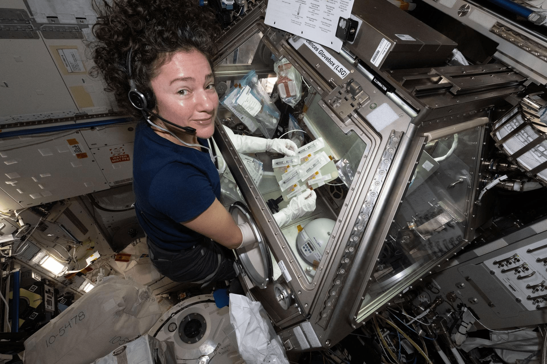 NASA astronaut Jessica Meir prepares blood platelet samples in the glove box aboard the International Space Station to support research on how microgravity affects blood clotting and other spaceflight-related physiological changes. Researchers are seeking additional approaches to better understand how blood clots form in space.
