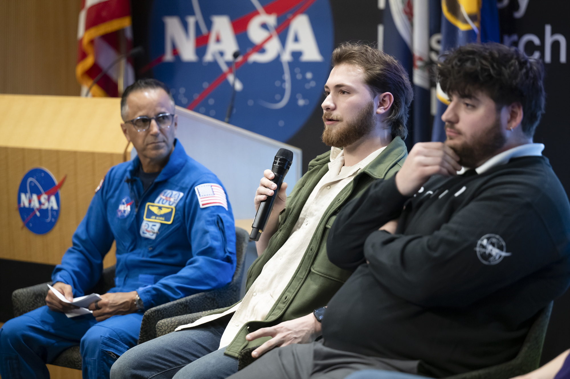 Wyatt Healy, mechanical engineering technician apprentice at NASA’s Langley Research Center, answers questions during a career panel featuring NASA Langley technician apprentices during Career Technical Education Day.