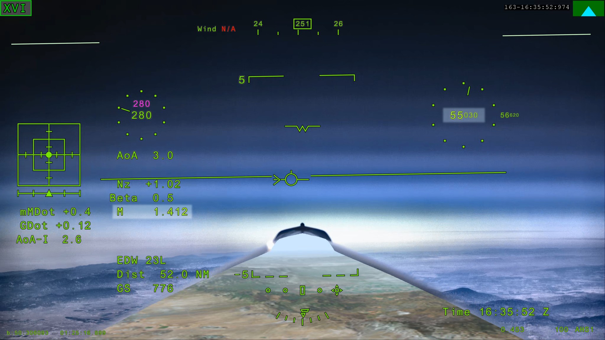 X-59'un XVS ekranında Mach 1.4'ün 55,030 feet'te elde edildiğini gösteren fotoğraf.