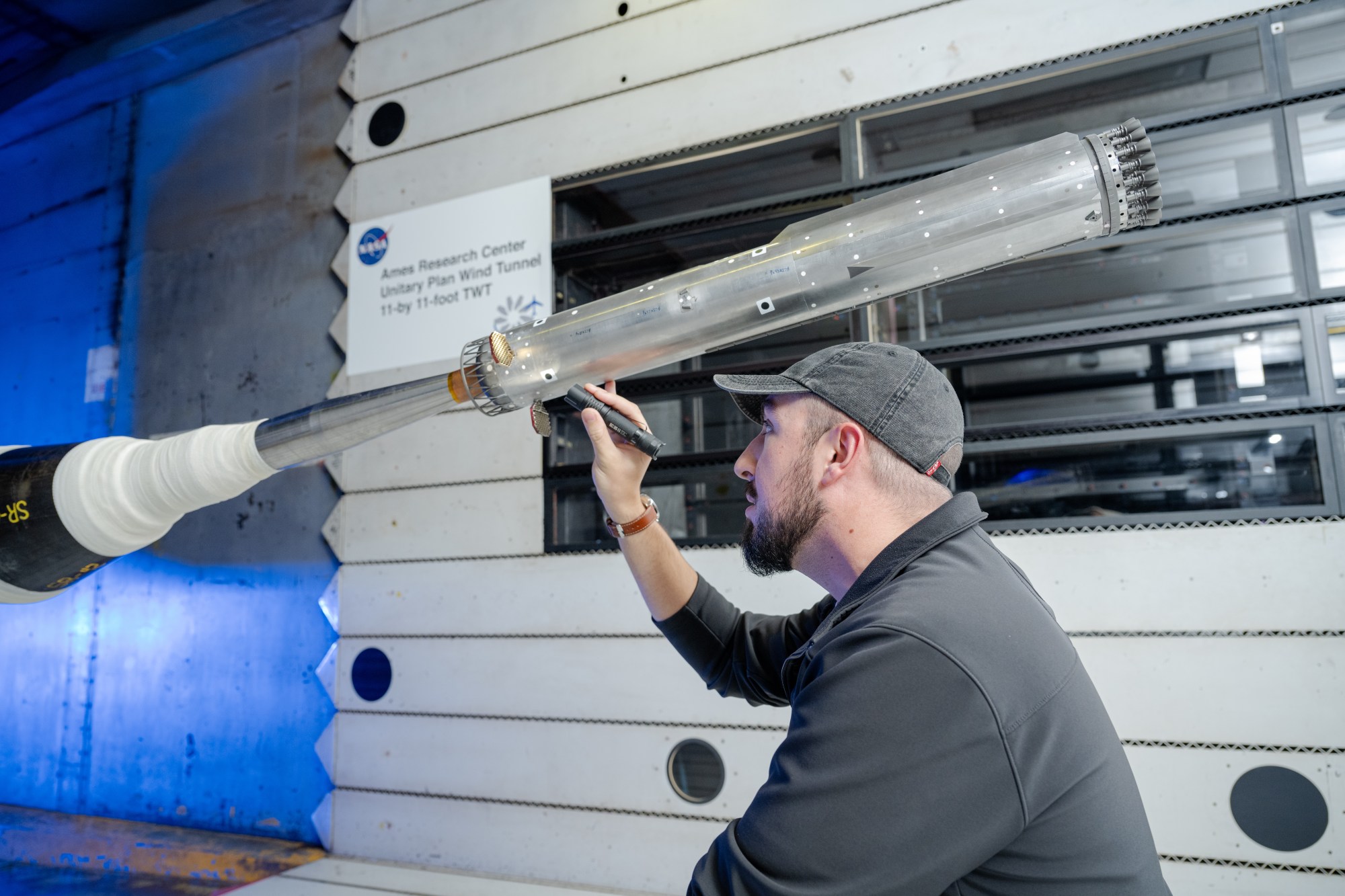 Engineers at NASA Ames conduct transonic and supersonic wind testing on a 1.2% scale model of the Super Heavy Version 3 rocket that will launch the Starship human landing system.