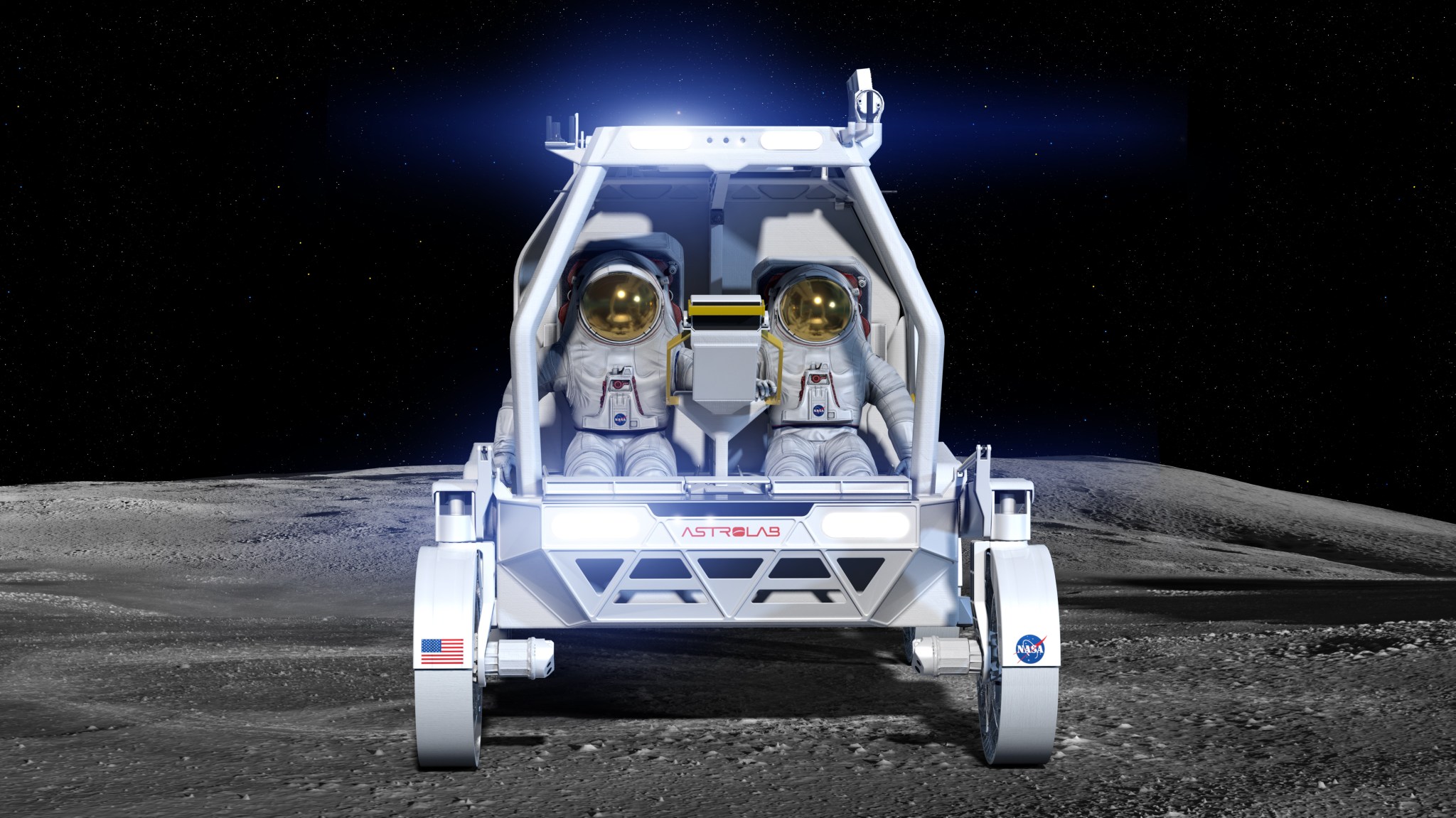 An artist's rendering of the front view of two astronauts in white spacesuits sitting inside a white unpressurized lunar terrain vehicle developed by Astrolab. A large display is centered between them and the headlights of the rover are on.