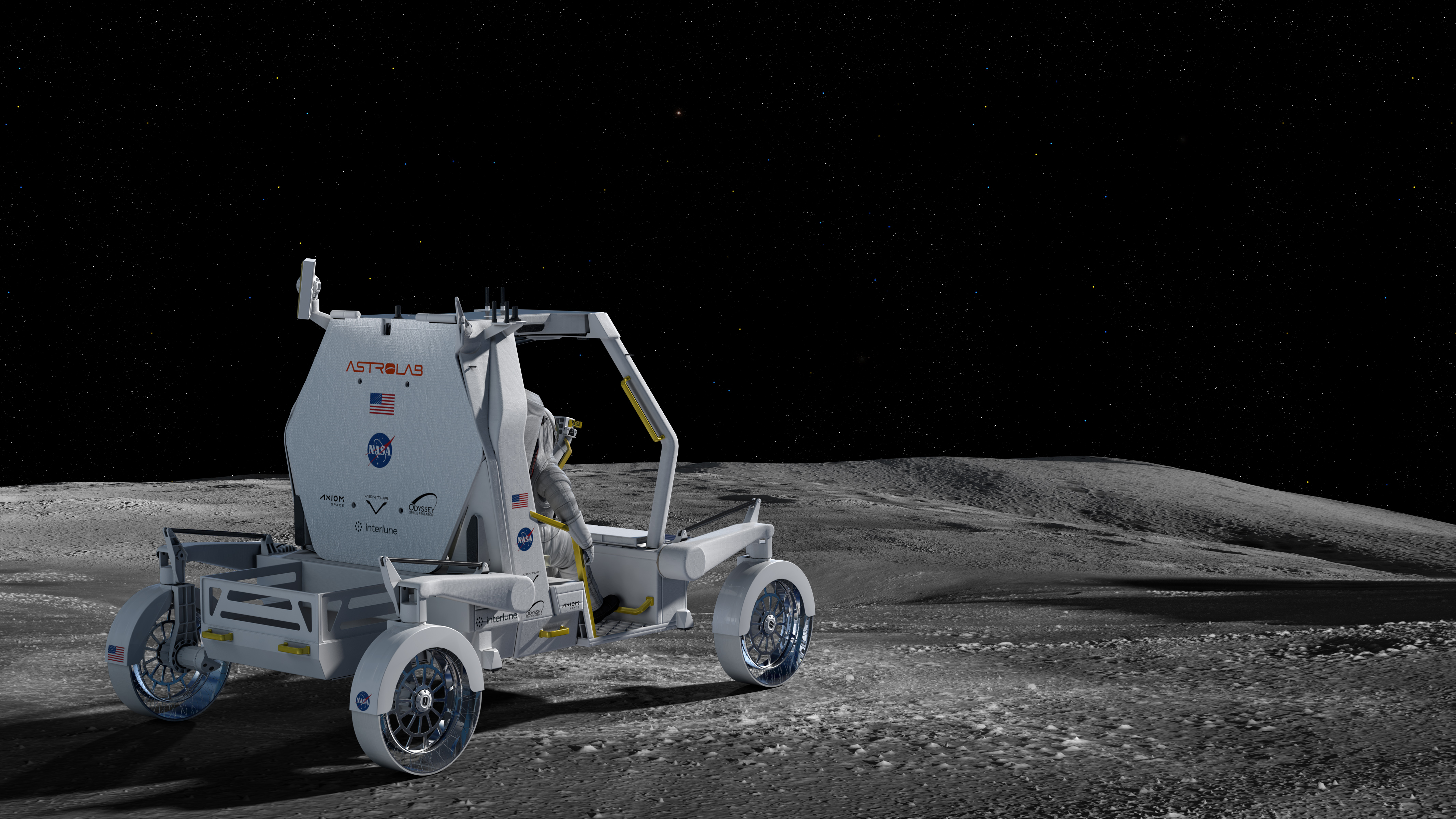 A back view of an artist's rendering of a white unpressurized lunar terrain vehicle developed by Astrolab. You can see the back side view of an astronaut sitting in the passenger seat and the back of the lunar rover has logos of all of the companies who contribute to its development.