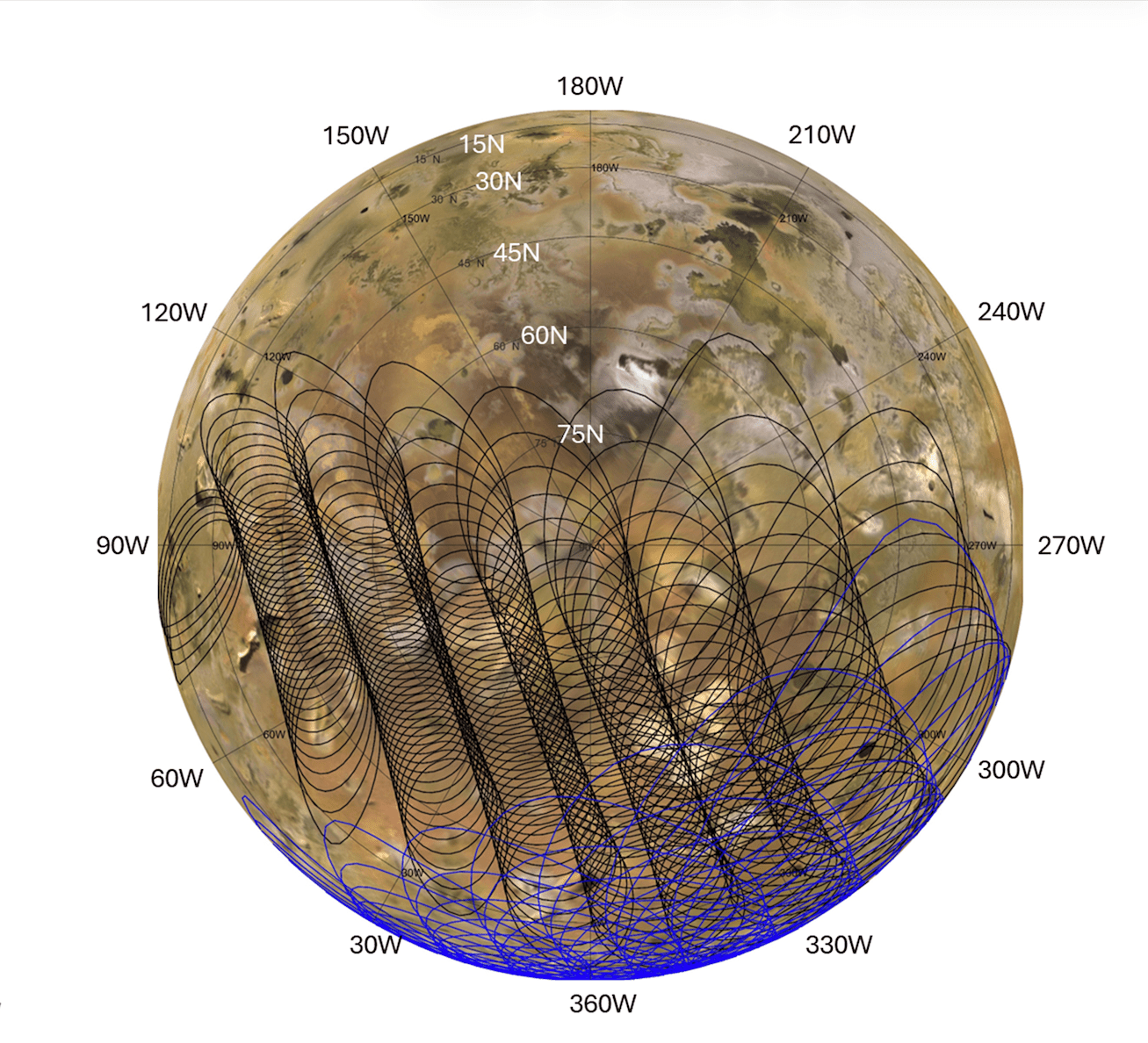 A spherical projection of Io overlaid with a latitude and longitude grid. Broad, curved tracks — composed of overlapping ellipses crossing the surface — are black across the center and left of the globe, transitioning to blue toward the lower right.