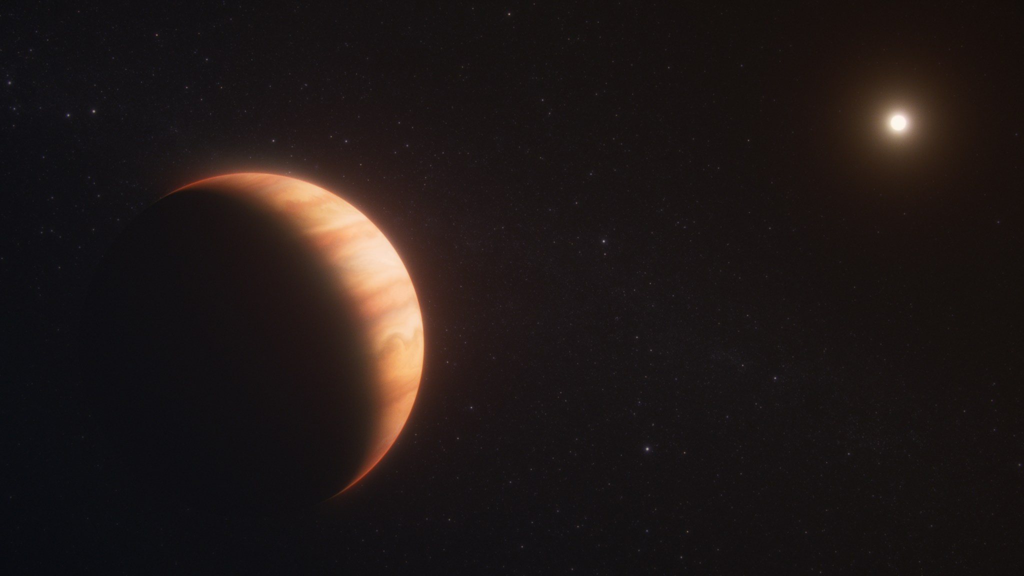 Exoplanet WD 1856 b, shown in this artist’s concept, is a gas giant that survived the death of its star. It now orbits a white dwarf at a distance 50 times closer than Earth orbits the Sun. Observations by NASA’s James Webb Space Telescope not only determined the planet’s temperature but also detected molecules in its atmosphere. The former measurement provides evidence that WD 1856 b migrated to its current location billions of years after its star became a white dwarf.