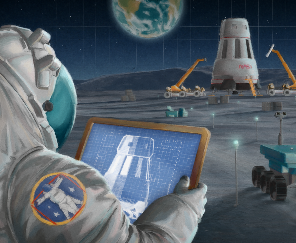Artist illustration of an astronaut looking at a tablet and working on a moon base.
