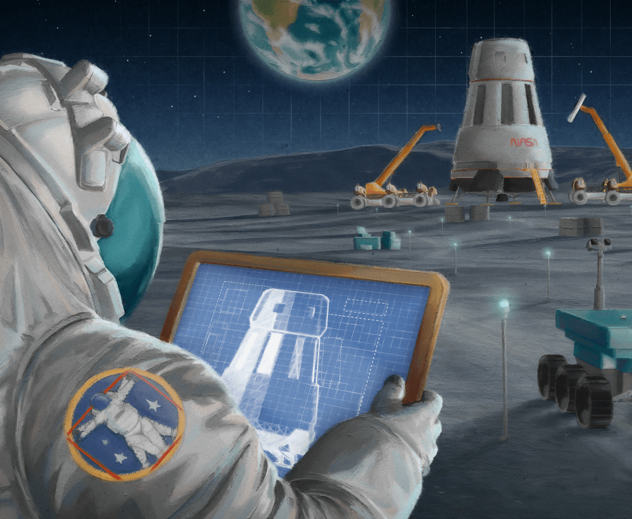 Artist illustration of an astronaut looking at a tablet and working on a moon base.