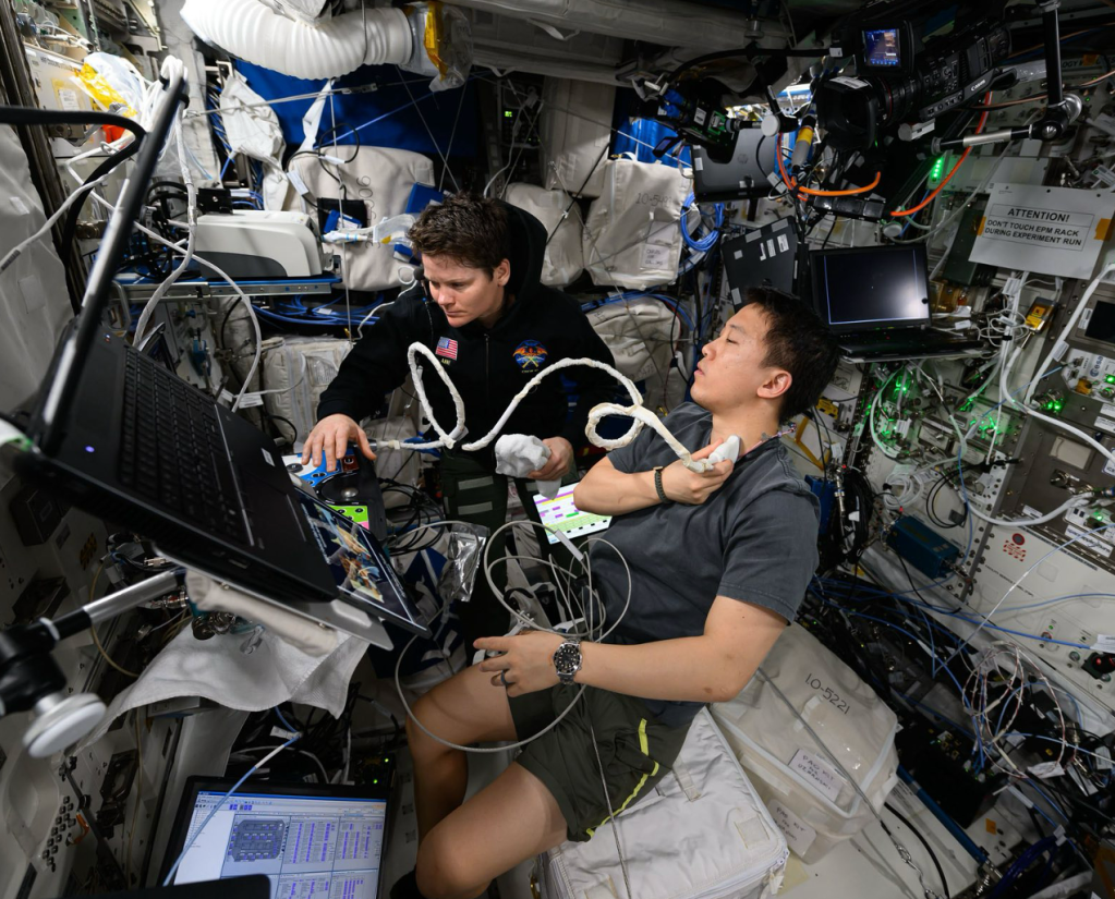 NASA astronaut Anne McClain uses an ultrasound device to scan NASA astronaut Jonny Kim aboard the International Space Station.