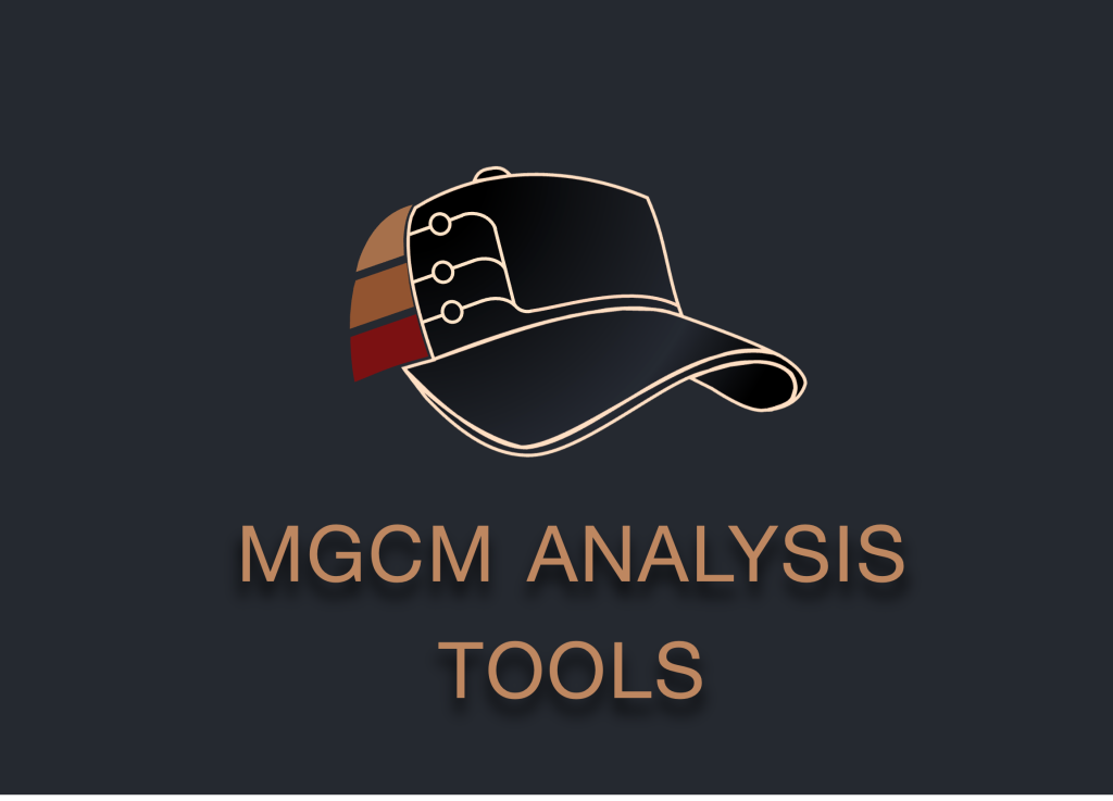 Artist rendering of a baseball hat in the MCMC color style. MGCM Analysis Tools is written below.