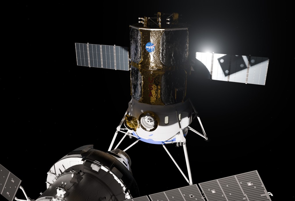 These artist’s concepts depict Blue Origin’s Blue Moon Mark 2 human landing system test article in Earth orbit and docked with NASA’s Orion spacecraft as part of NASA’s upcoming Artemis III demonstration mission in low Earth orbit.
