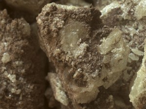 A closeup of sulfur crystals inside a Martian rock.