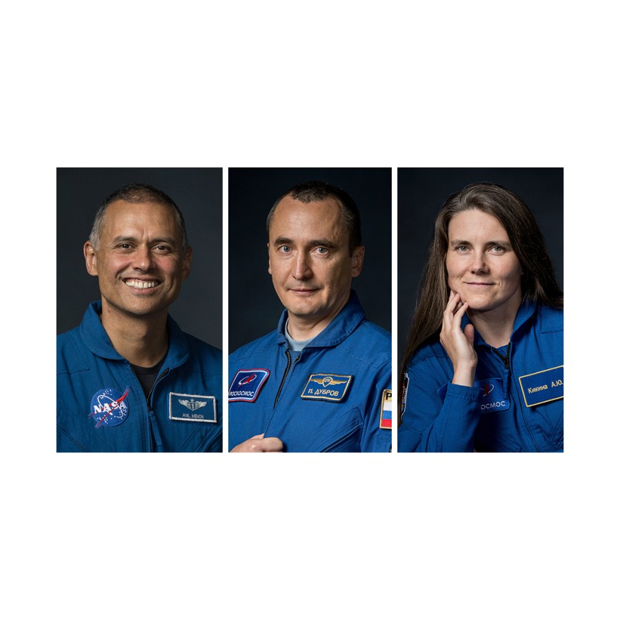 From left, NASA astronaut Anil Menon and Roscosmos cosmonauts Pyotr Dubrov and Anna Kikina will launch aboard the Soyuz MS-29 spacecraft from the Baikonur Cosmodrome in Kazakhstan to the International Space Station.