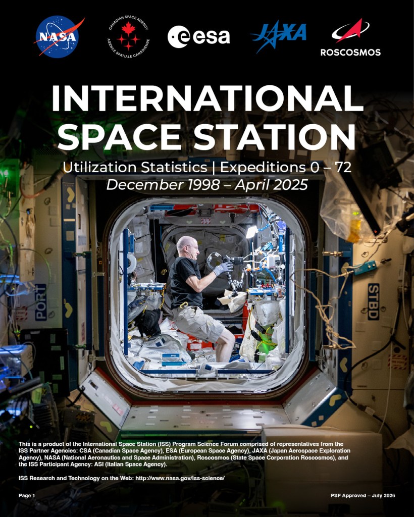 A cover image for the Space Station Program Science Forum research statistics brochure. The image features a picture of astronaut Don Pettit performing a scientific experiment on the Space Station.