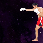 A person in red boxing shorts and white gloves throws a punch against a galaxy background.