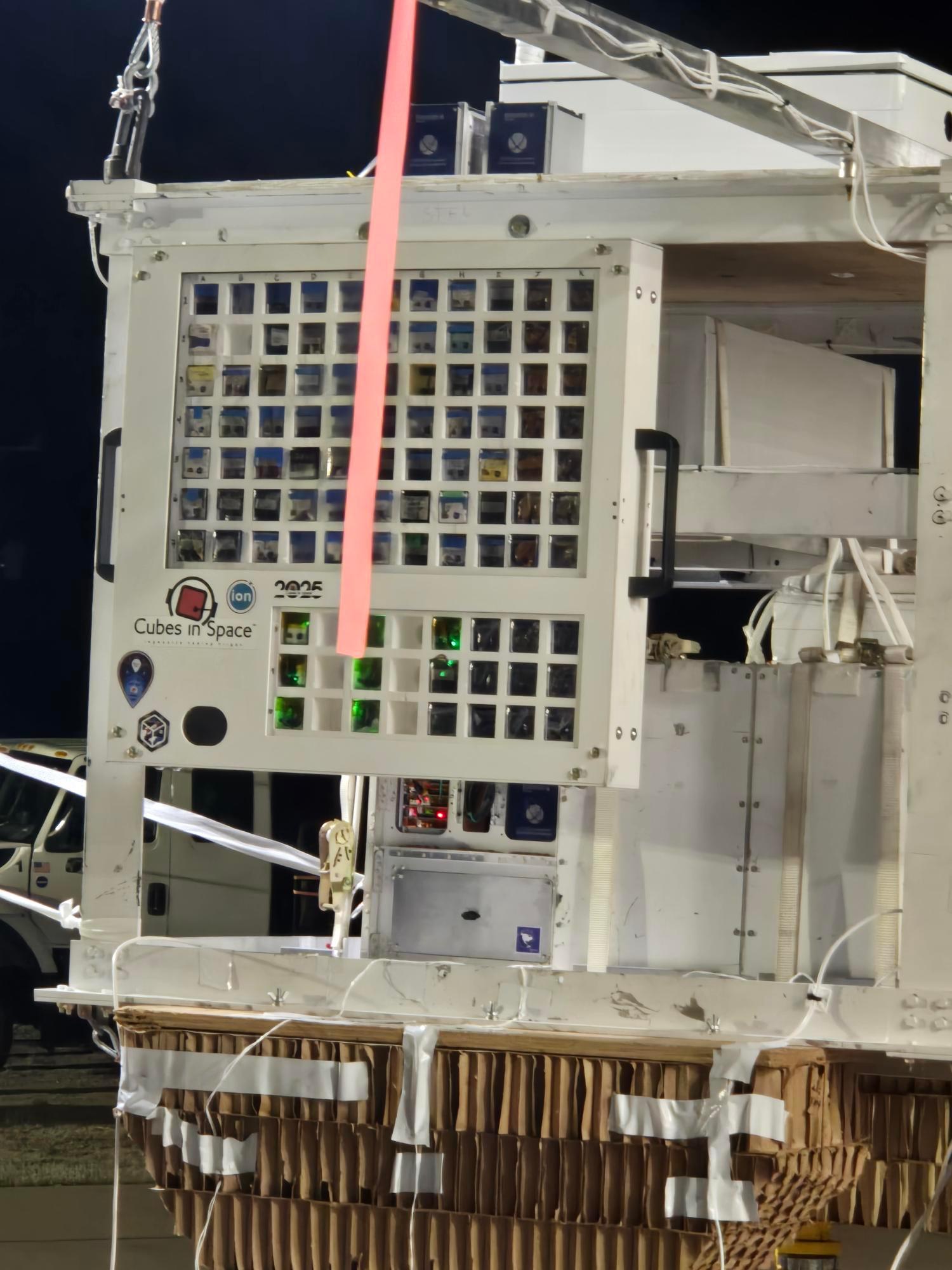 The Cubes in Space payload carrying around 100 small cubes attached to the side of a balloon gondola.