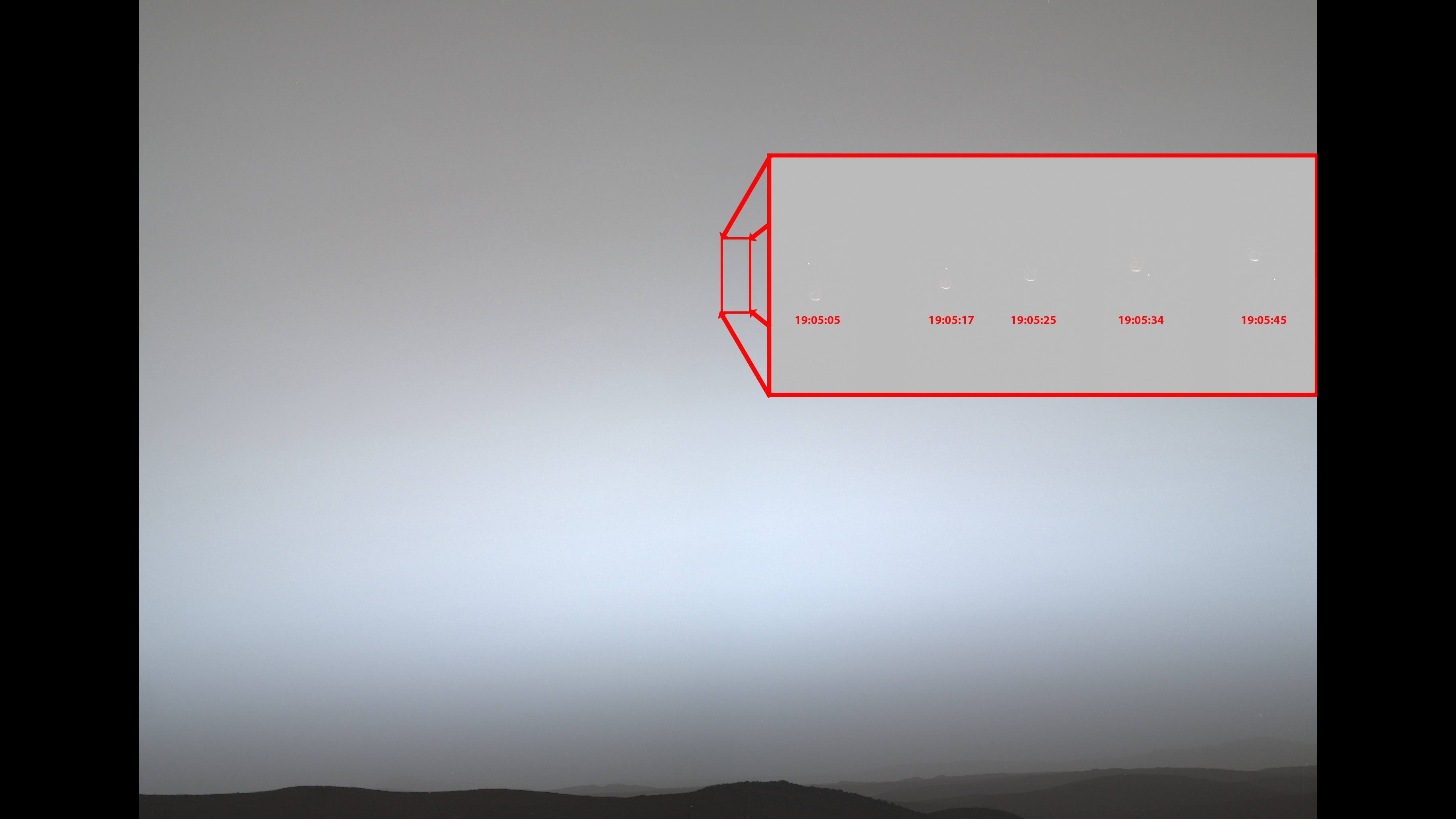 A dark horizon under a hazy gray-blue sky. A red-outlined rectangular inset, connected by lines to a smaller rectangle, shows five faint crescent shapes with a bright dot moving downward. Timecodes beneath each crescent indicate a span of 40 seconds.
