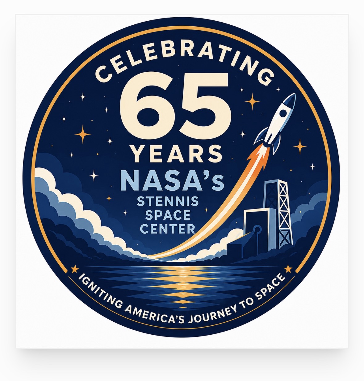 the 65th anniversary logo is circular patch with the words, "Celebrating 65 YEARS NASA's Stennis Space Center" centered and the phrase "Igniting America's Journey to Space" at the bottom