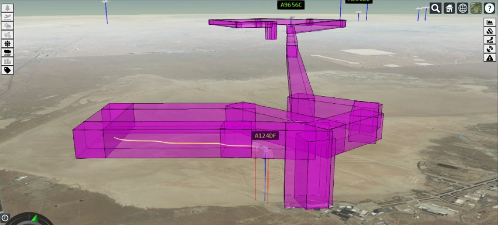 Screenshot of flight path visualizations of unmanned vehicles during a NASA Advanced Air Mobility (AAM) simulation conducted at Armstrong Flight Research Center in September of 2021.