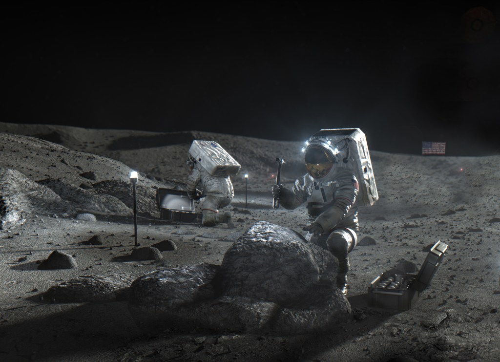 Caption: Artist’s concept of crews working on the Moon. Credit: NASA.