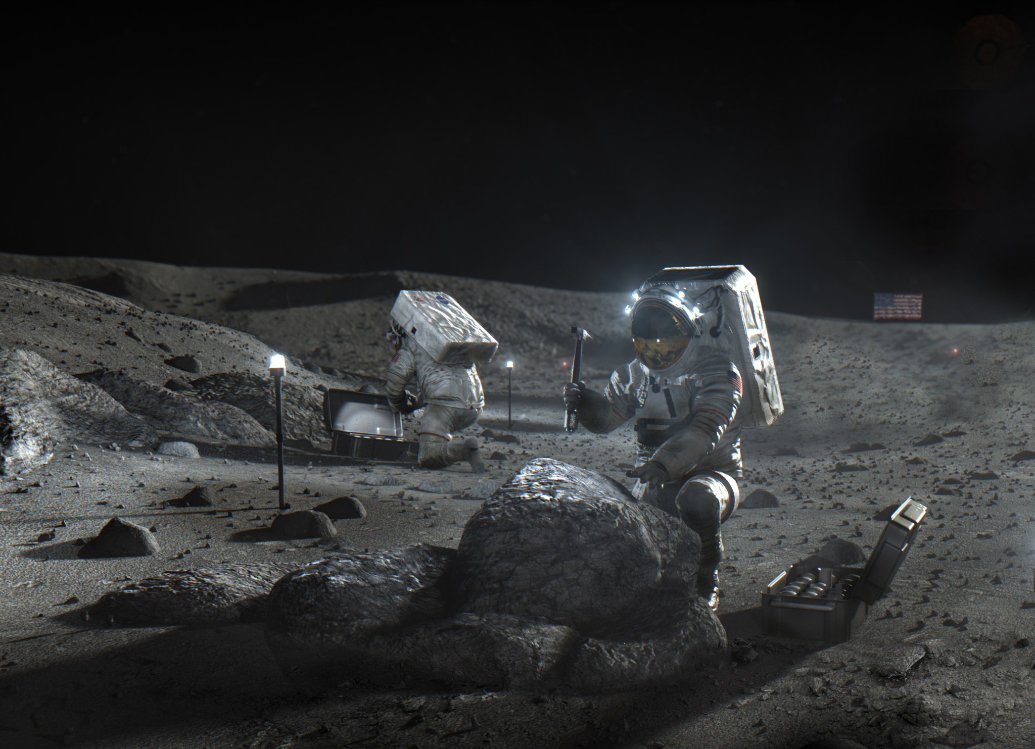 Caption: Artist’s concept of crews working on the Moon. Credit: NASA.