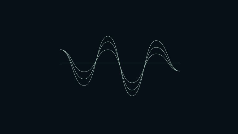 A minimalist, pale green line-art graphic of three superimposed sine waves with varying amplitudes along a horizontal baseline against a dark background.