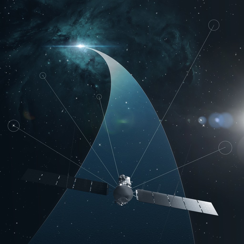 A spacecraft with extended solar panels travels along a curved blue trajectory through deep space, with dotted lines connecting it to distant star targets in the background.