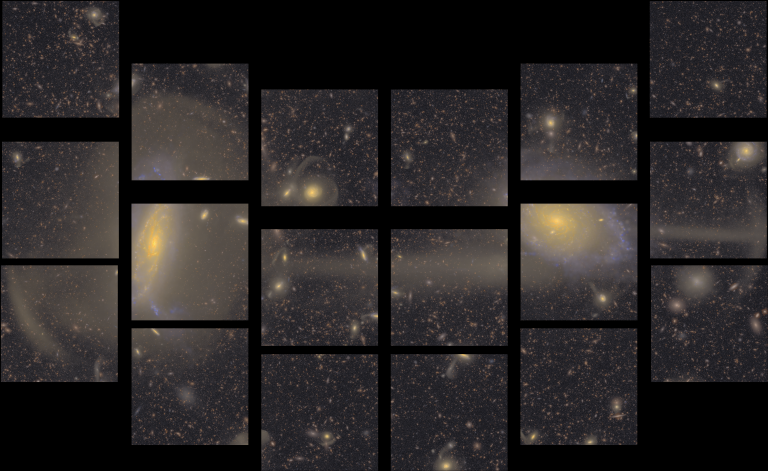 Simulated image, as it would be captured by the Roman Space Telescope’s Wide Field Instrument and then processed to remove glare, showing two interacting galaxies.