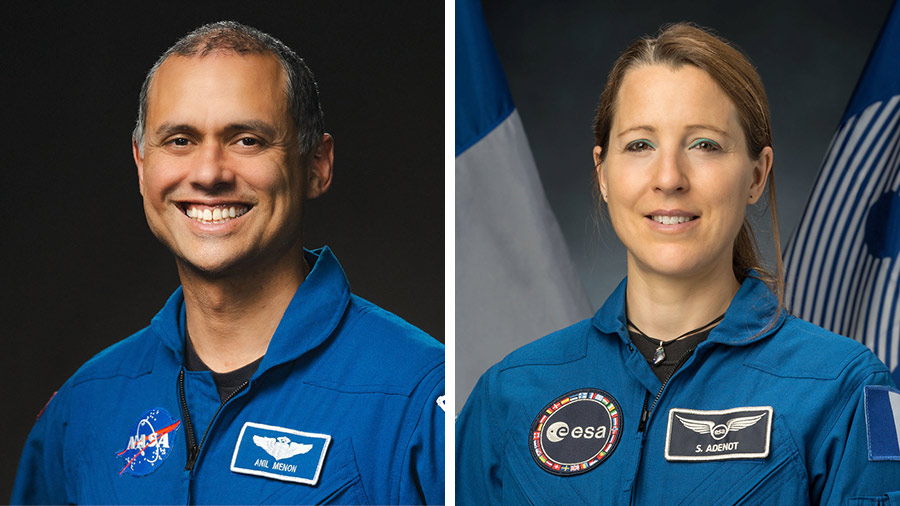 Astronauts Anil Menon of NASA and Sophie Adenot of ESA pose for their official portraits at the Johnson Space Center in Houston, Texas.