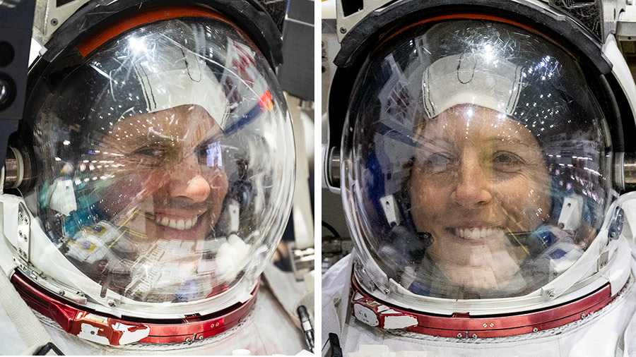 Astronauts Anil Menon of NASA and Sophie Adenot of ESA are pictured training for a spacewalk at the Johnson Space Center’s Neutral Buoyancy Laboratory in Houston, Texas.