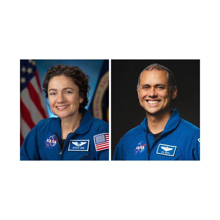 NASA astronauts Jessica Meir and Anil Menon pose for their official portraits at the Johnson Space Center in Houston, Texas.